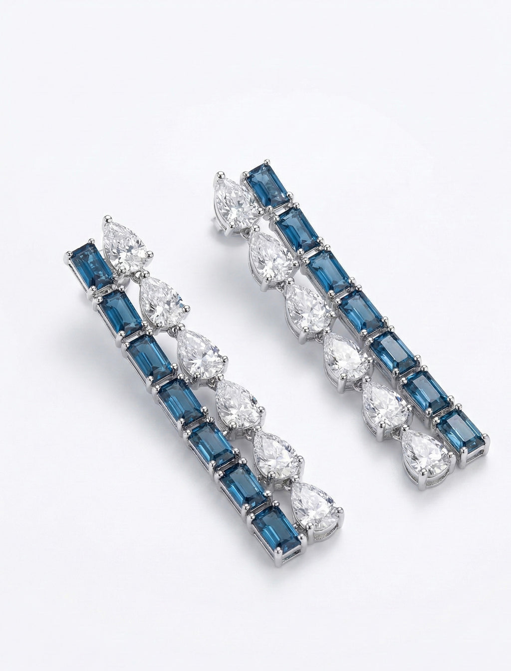 Blue Baguette & White Zircon drop Earrings - Sterling Silver