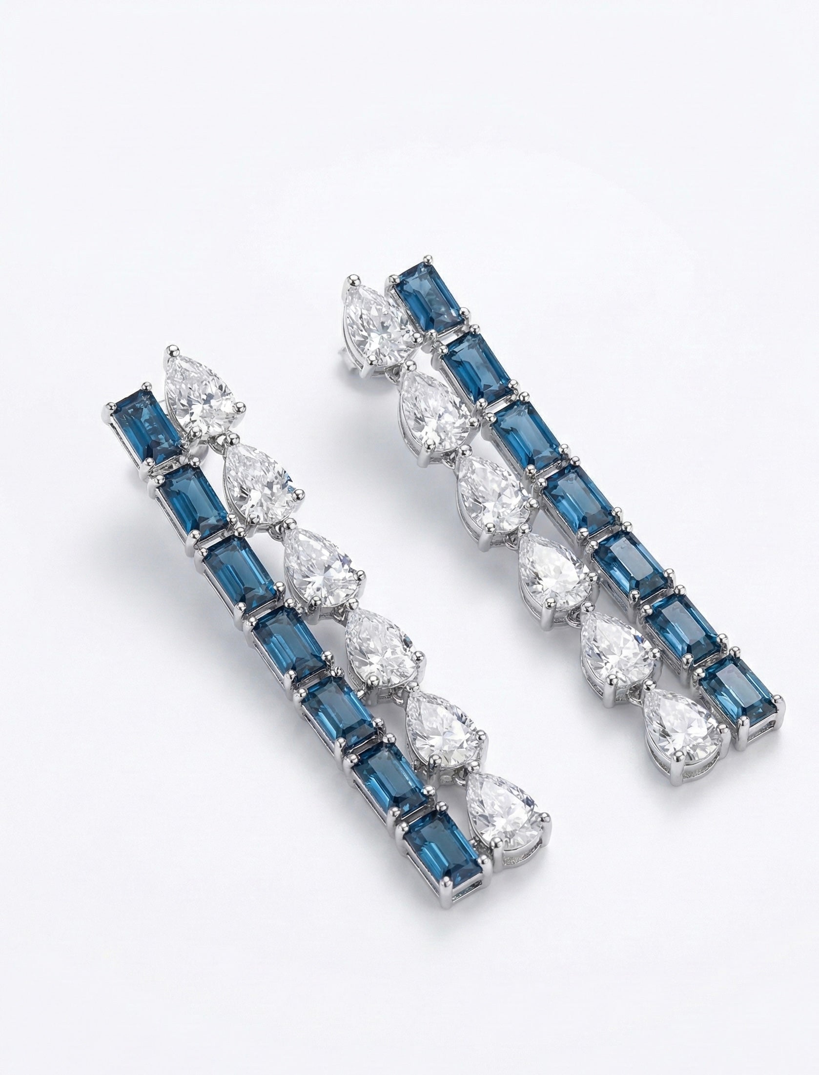 Blue Baguette & White Zircon drop Earrings - Sterling Silver