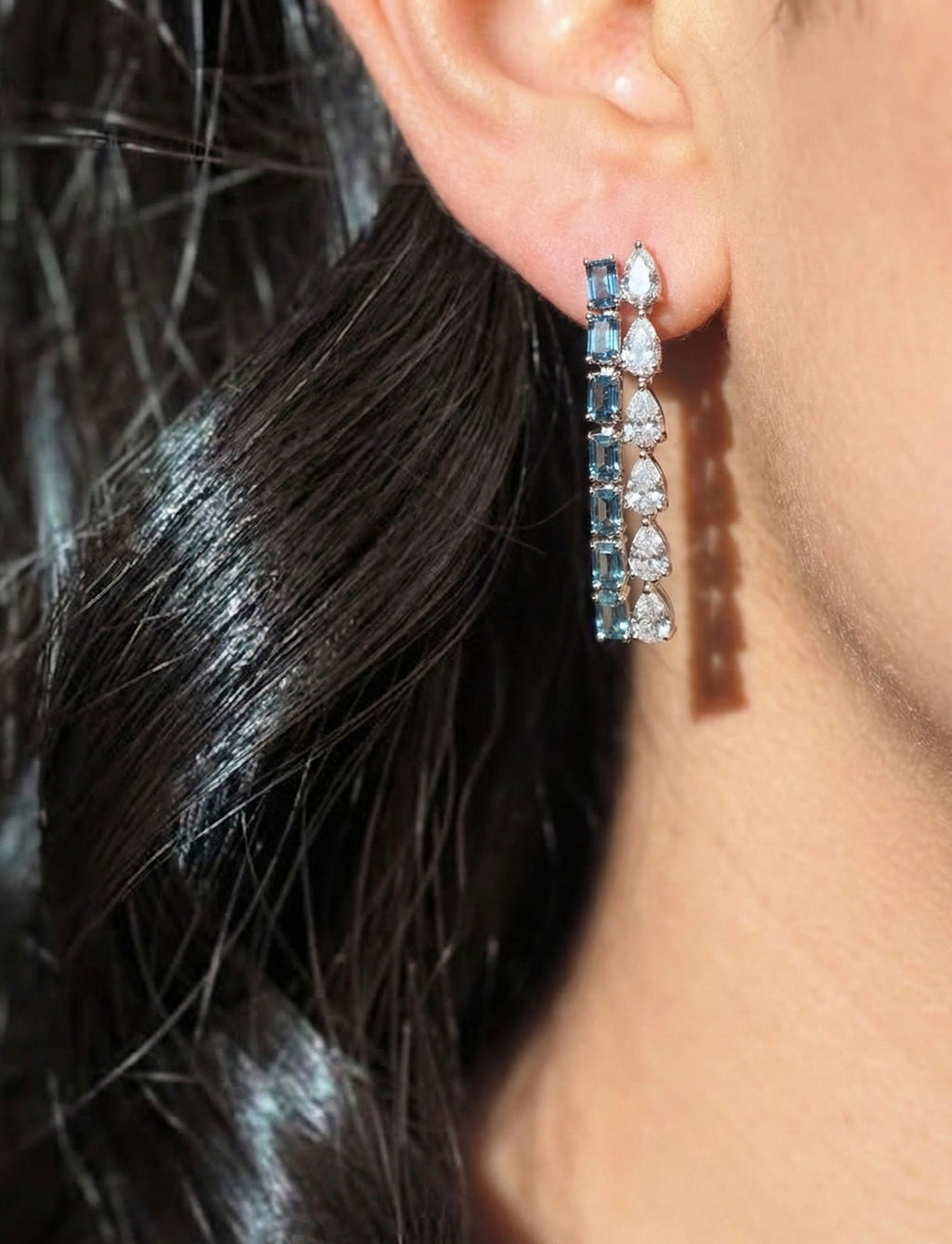 Blue Baguette & White Zircon drop Earrings - Sterling Silver